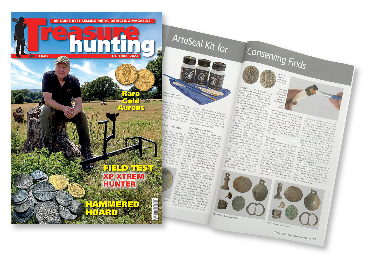 Front cover and ArteSeal review page of Treasure Hunting Magazine